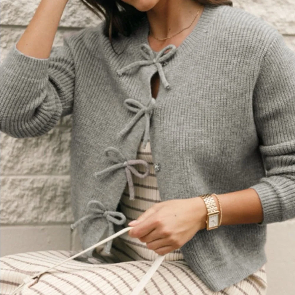 Bow Round Neck Long Sleeve Cardigan - Picture 2 of 8